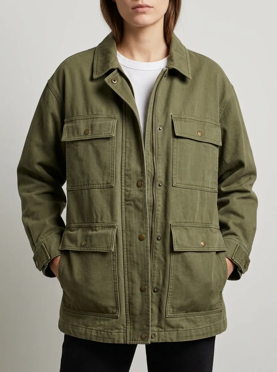 Women's Olive Green Utility Multi-Pocket Cargo Jacket