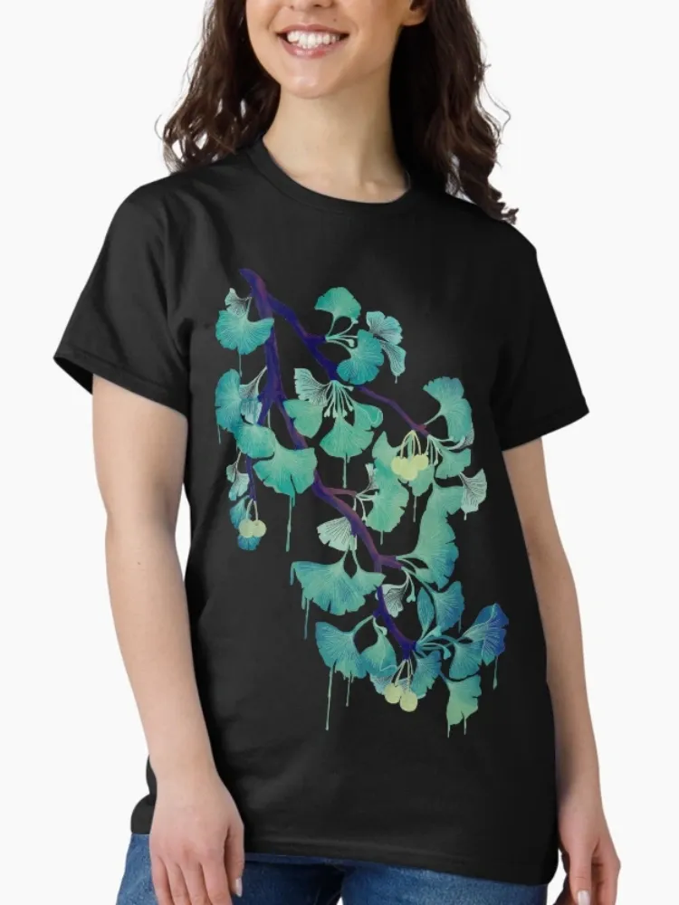 Women's Ginkgo Leaf Watercolor Print Short-Sleeve Crew Neck T-Shirt