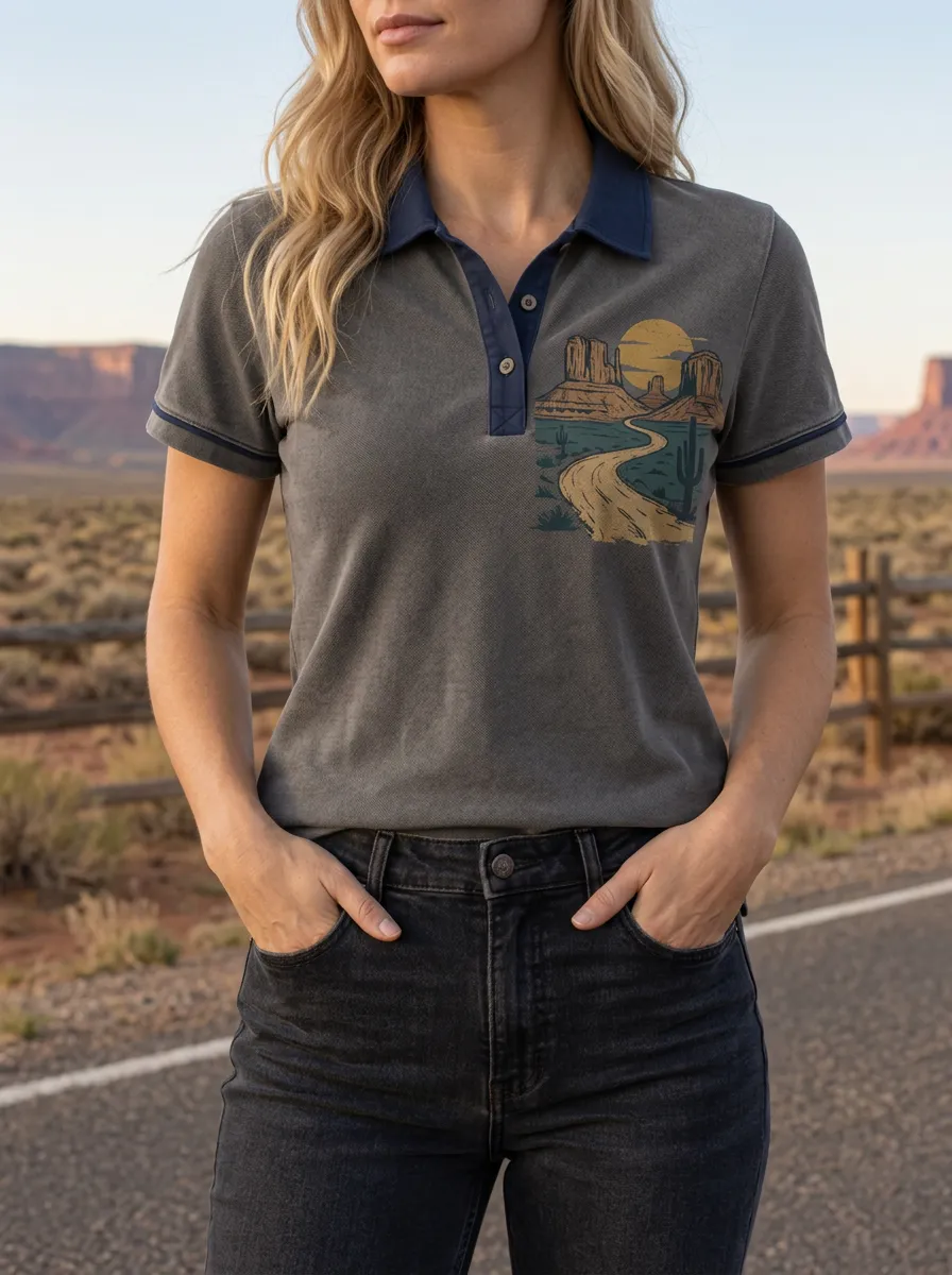 Women's Classic Desert Landscape Cactus Polo Shirt