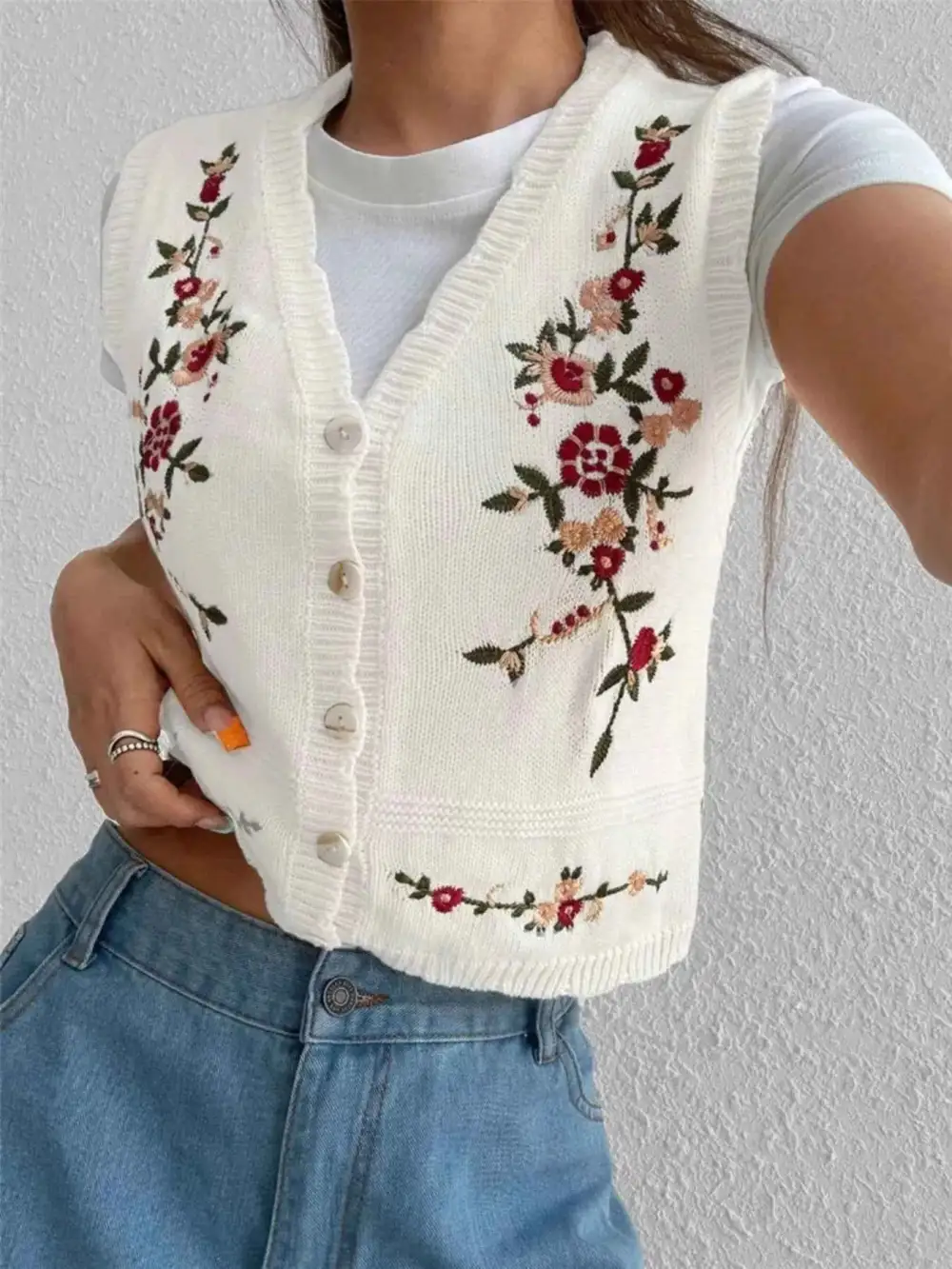 Embroidered Button-Up Sweater Vest