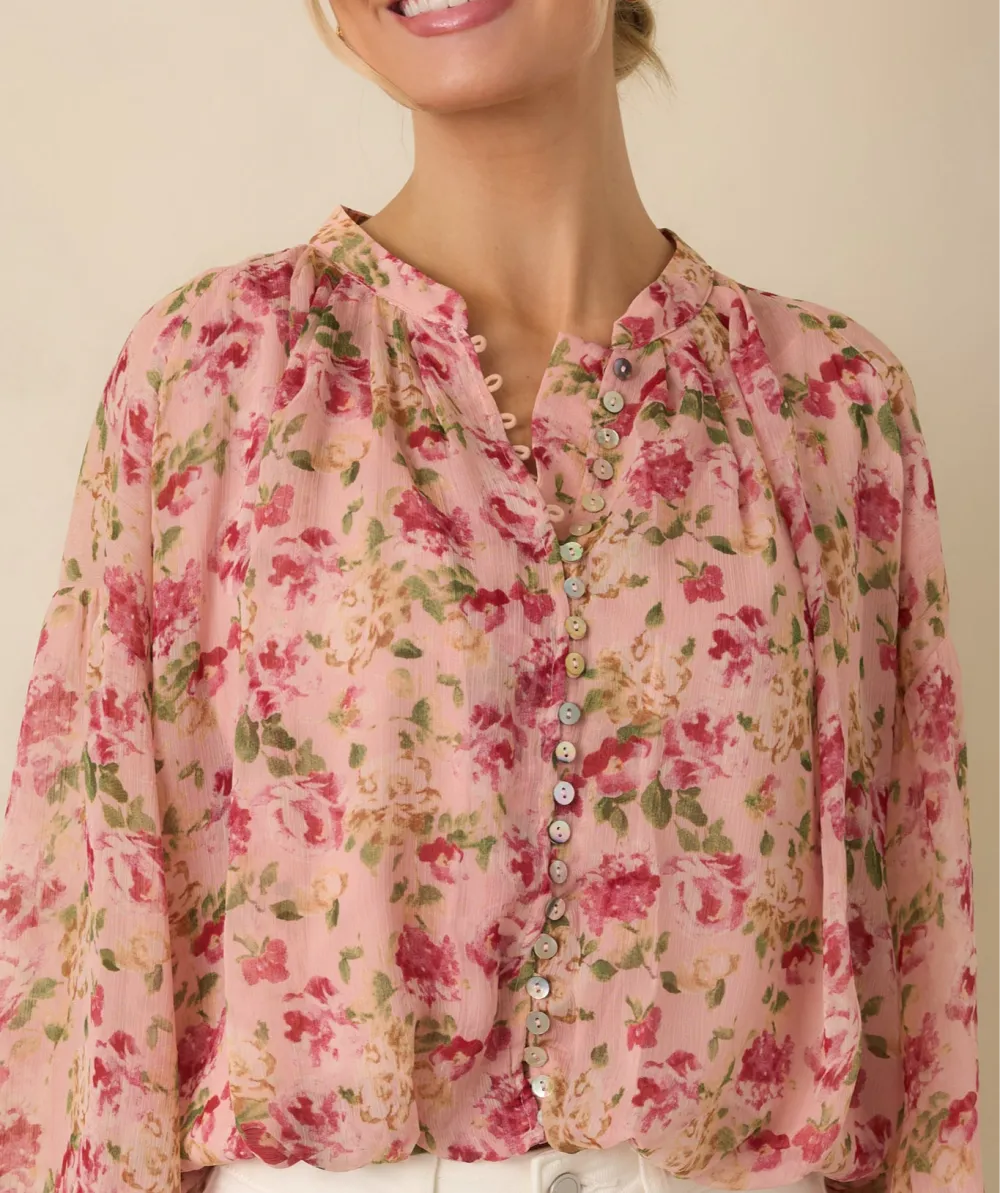 Button-Front Long-Sleeve Floral Denim Blouse
