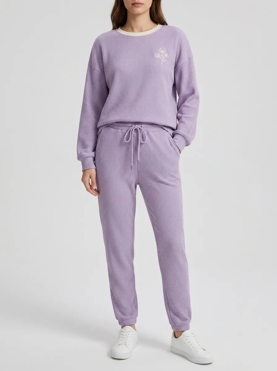 Women's Waffle Knit Floral Embroidered Jogger Set