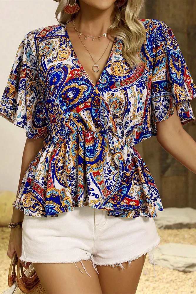 V Neck Elastic Waist Printed Blouse