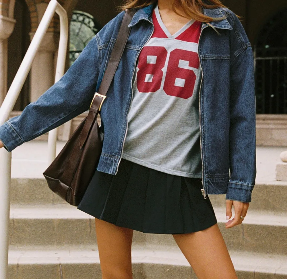Mid-Wash Denim Oversized Bomber Jacket