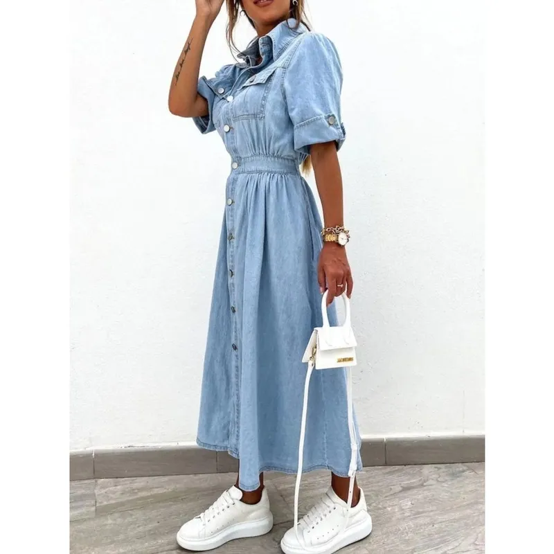 Plus Size Button-Down Roll-Up Sleeve Denim Shirt Dress