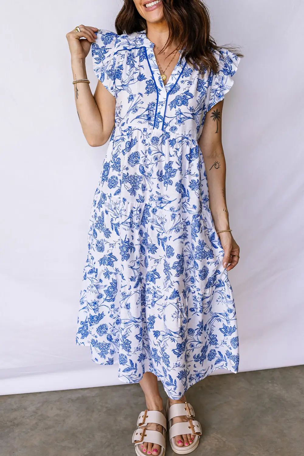 Polished Detail Floral Ruffle Tiered Midi Dress