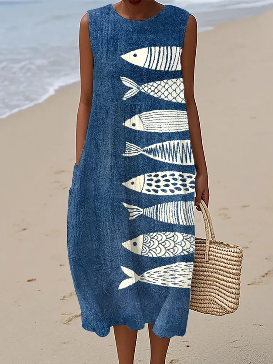 Women'S Vintage Fish Pattern Linen Dress