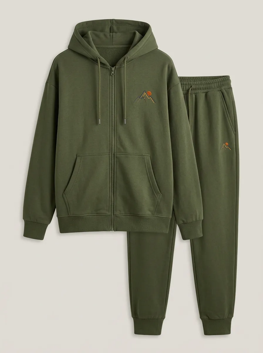 Men's Mountain Sun Embroidered Kangaroo-Pocket Zip-Up Jogger Set