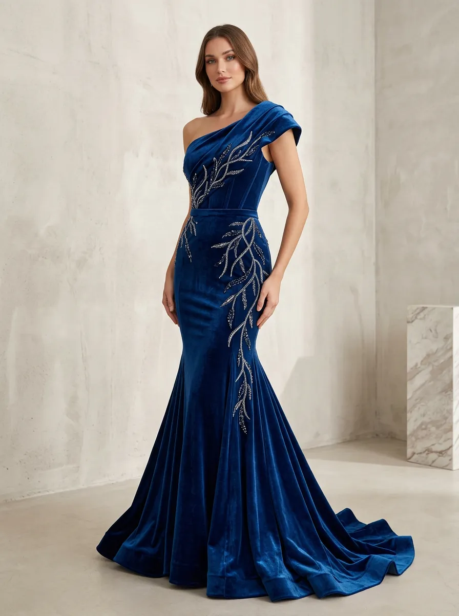 Women's Elegant Evening One-Shoulder Rhinestone Branch Embroidered Velvet Evening Gown