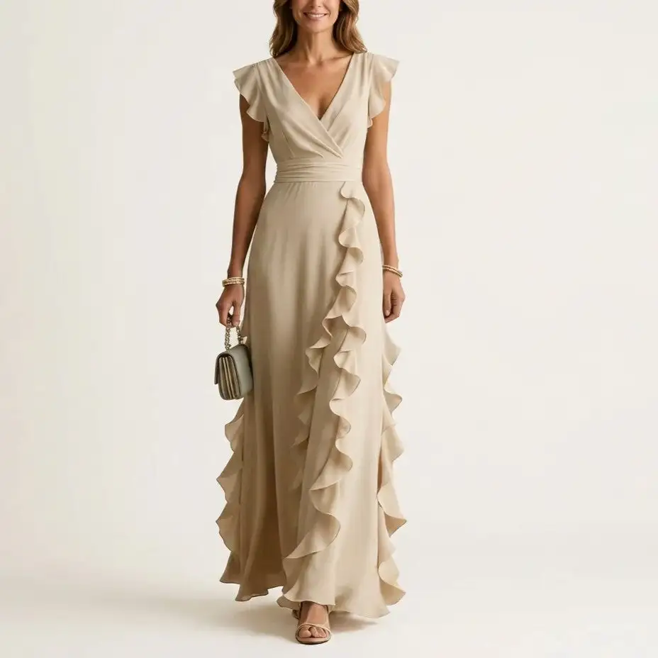 Women's Flutter Sleeve Vertical Ruffle Formal Dress