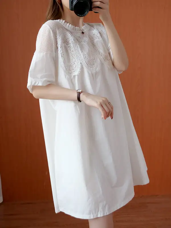 Original Solid Lace Split Side Short Sleeve A Line Mini Dress