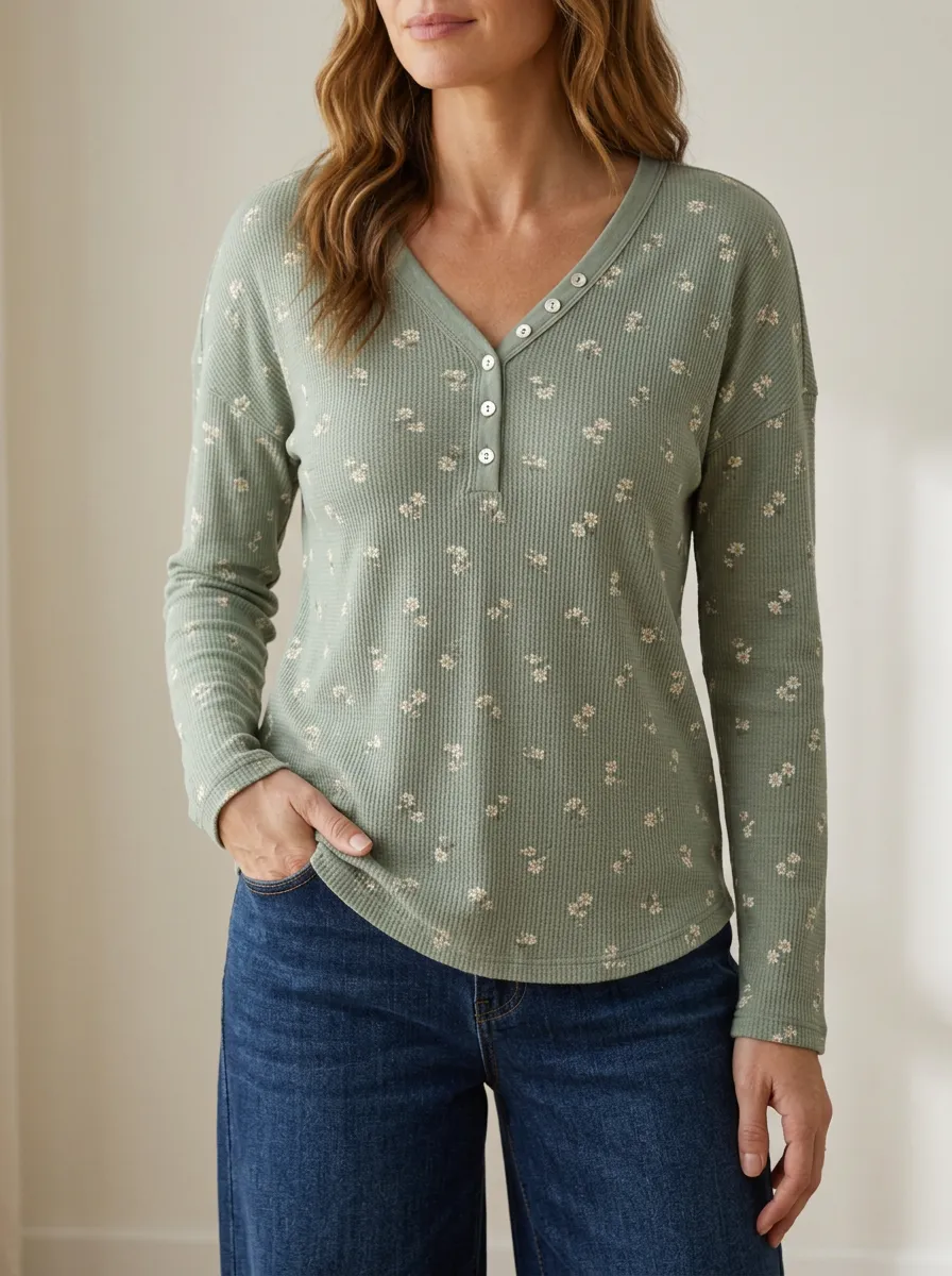 Women's Sage Green Floral Waffle Knit Printed Henley Shirt
