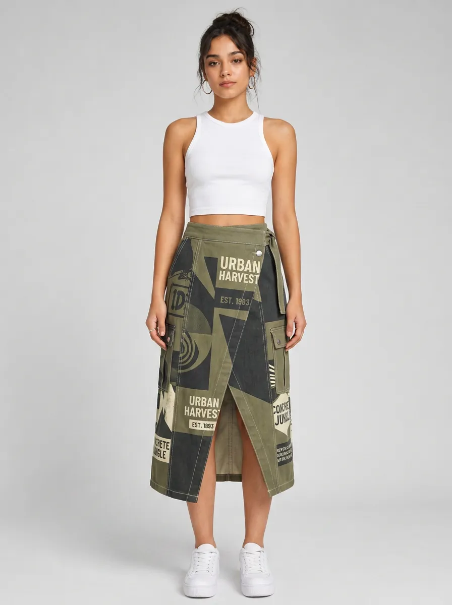 Women's Urban Harvest Streetwear Graphic Printed Cargo Midi Skirt