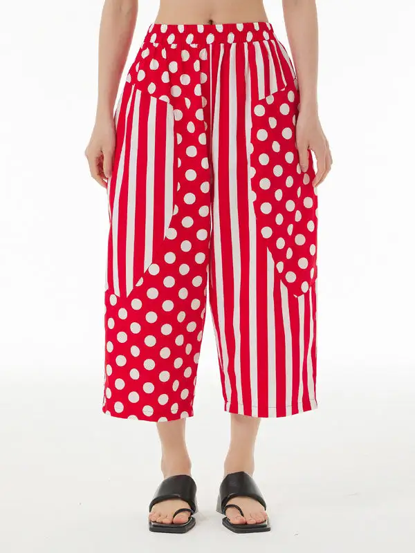 Women's Cropped Loose Fit Striped Polka Dot Pants