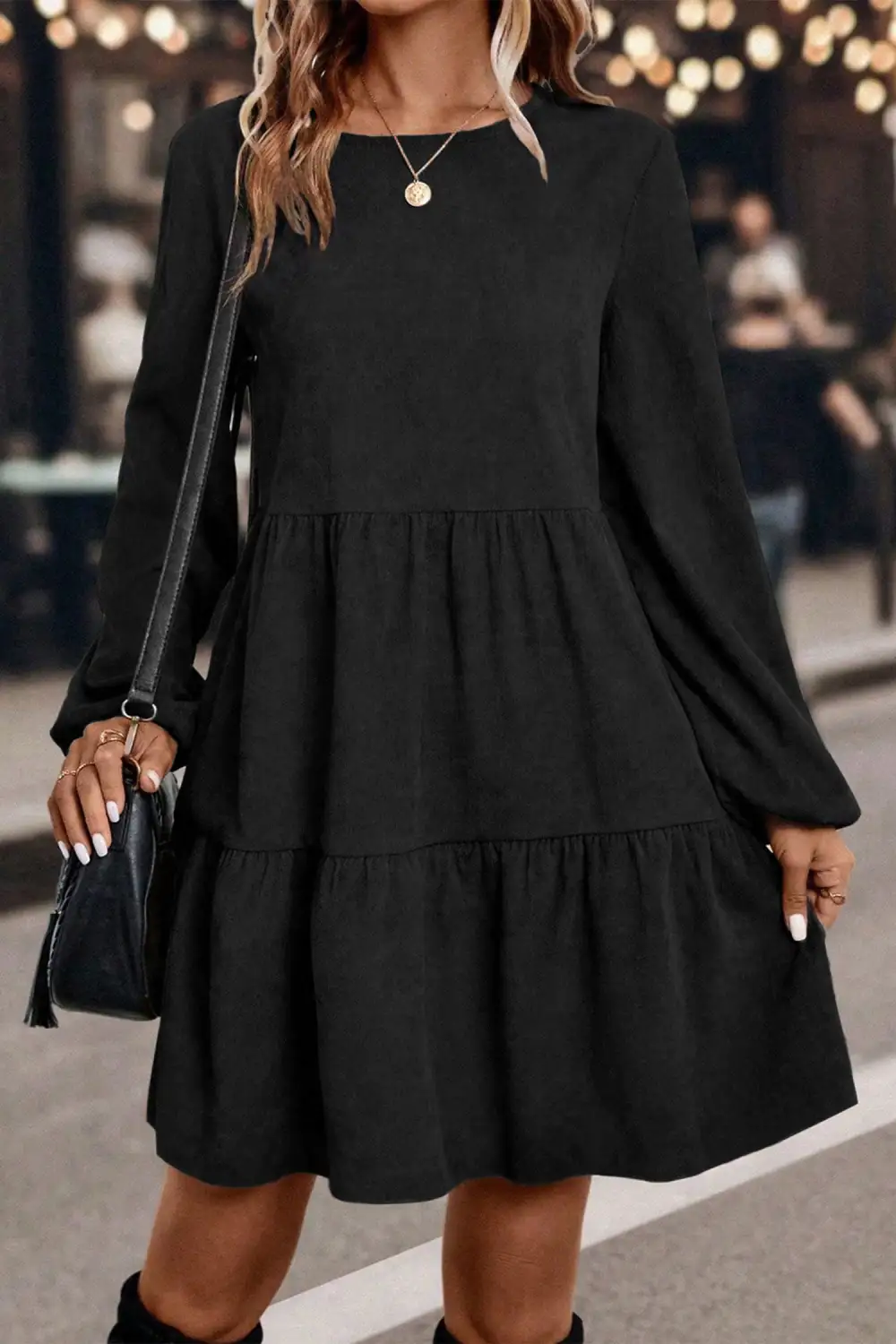 Women's Lantern Sleeve Tiered Mini Dress
