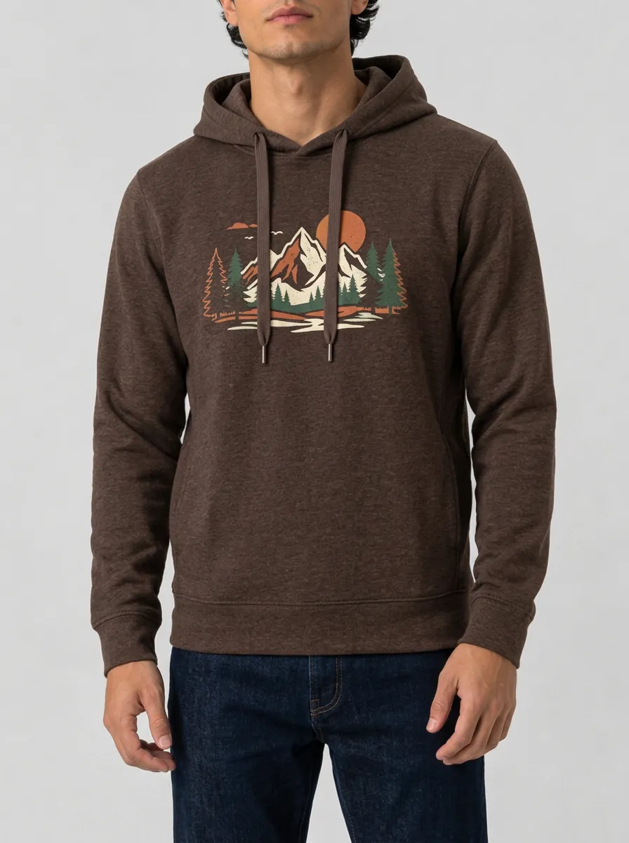 Men's Mountain Forest Graphic Pullover Metal-Aglet Drawcord Hoodie