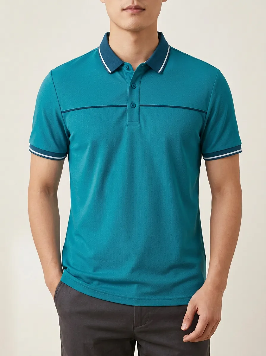 Men's Smart-Casual Light Blue Contrast Trim Printed Polo Shirt