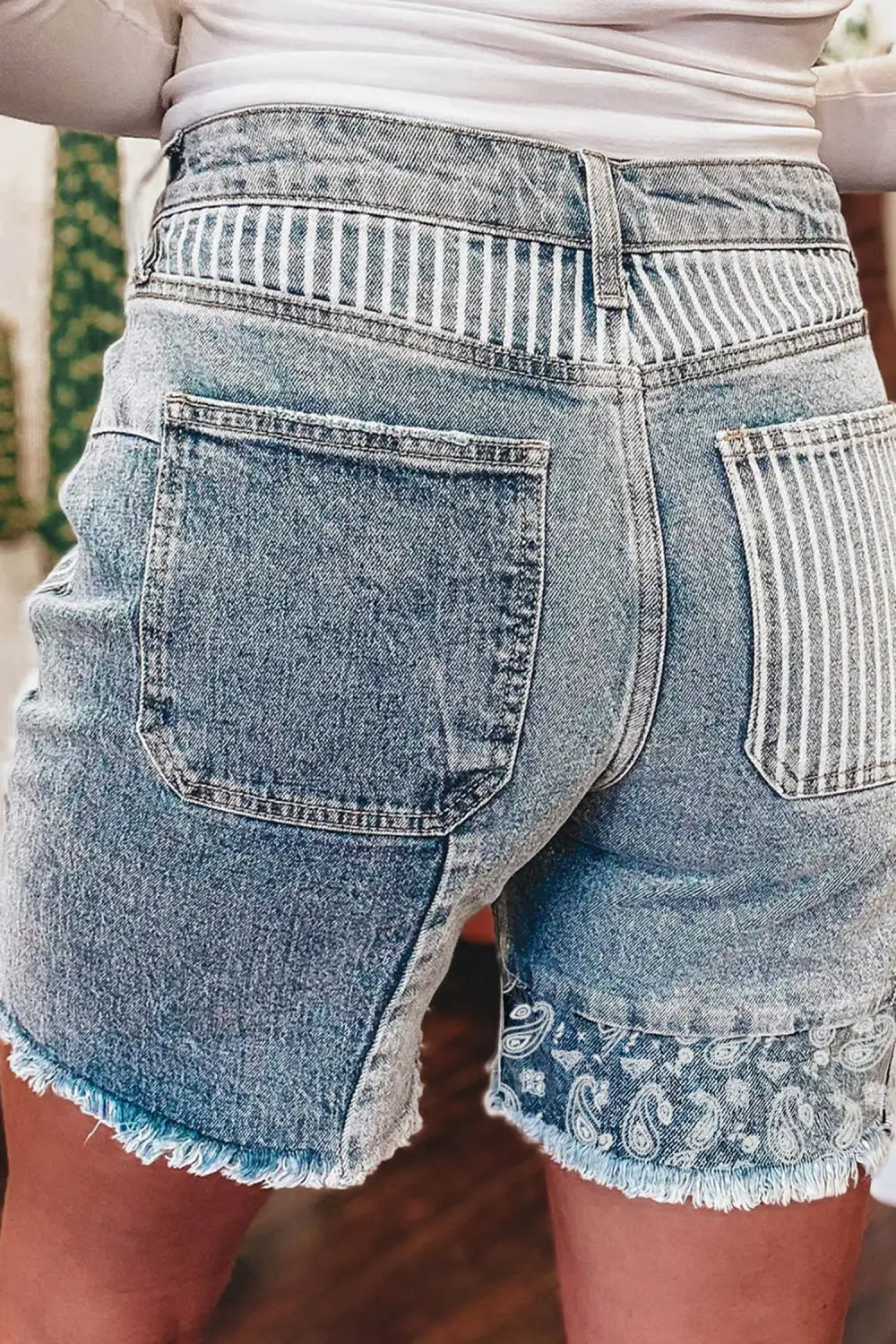 Raw-Hem Frayed Striped Patchwork Denim Shorts
