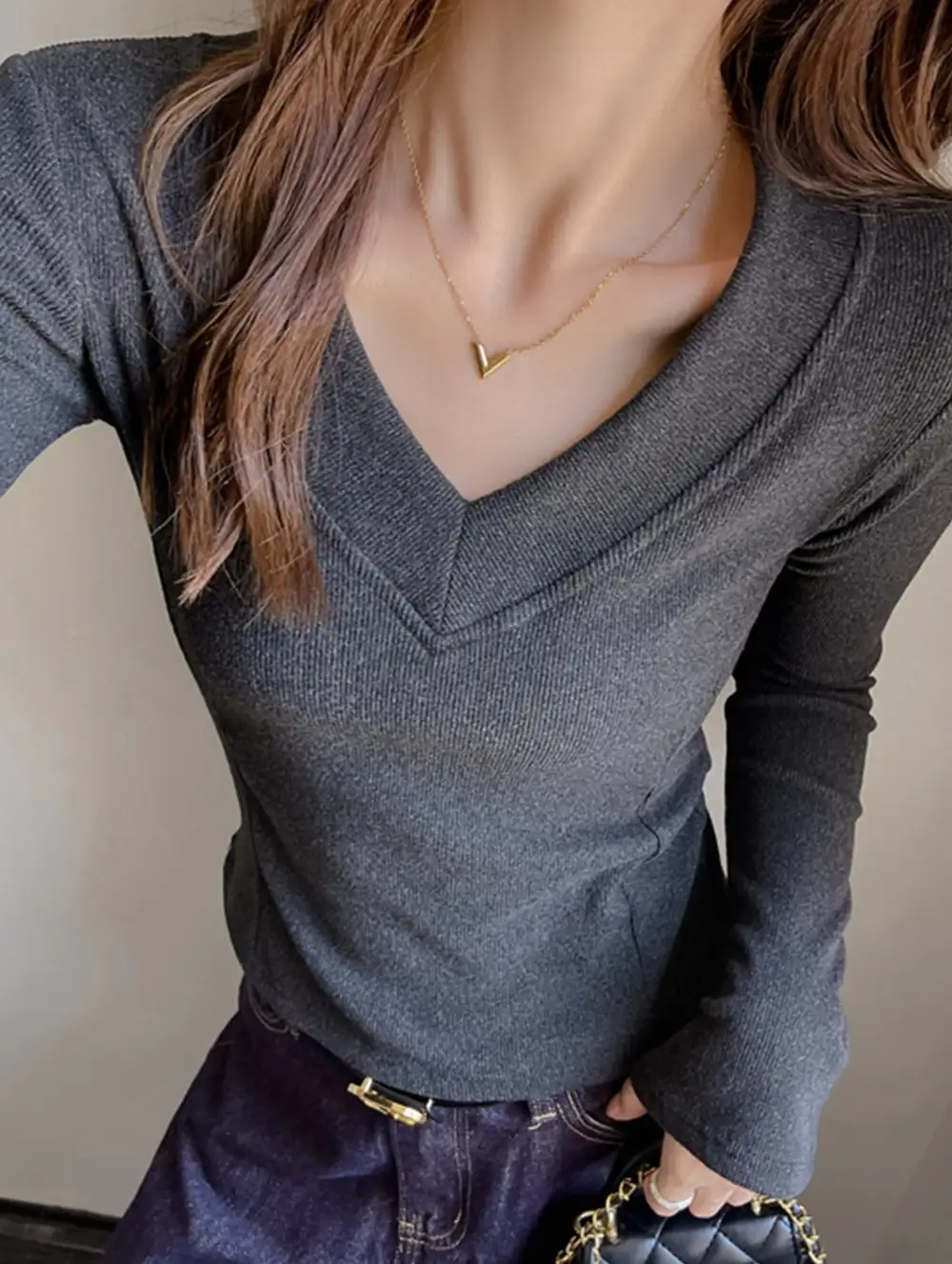 V Neck Thermal Base Top Slim Fit Blouse