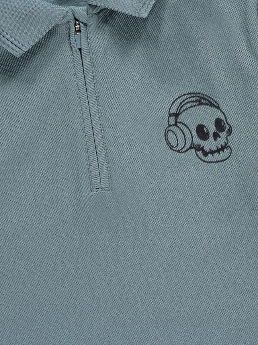 Green Skull Print Polo Shirt