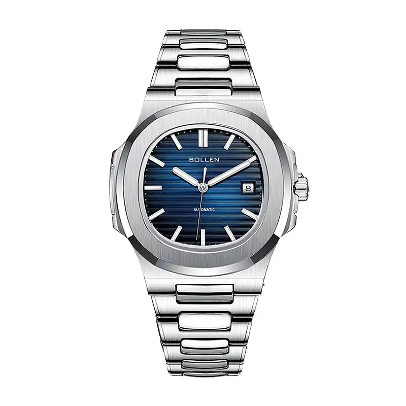 Sollen SL505 Automatic Watch - Men's Stainless Steel H-Link Bracelet Horizontal Grooved Dial Wristwatch