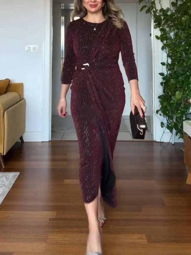 Shiny Pleated Tailored Midi Dress