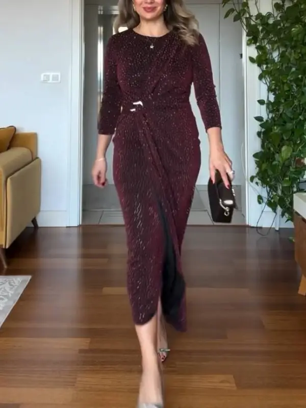 Shiny Pleated Tailored Midi Dress