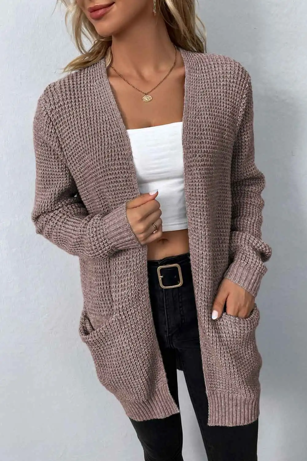 Rib-Knit Open-Front Pocketed Cardigan