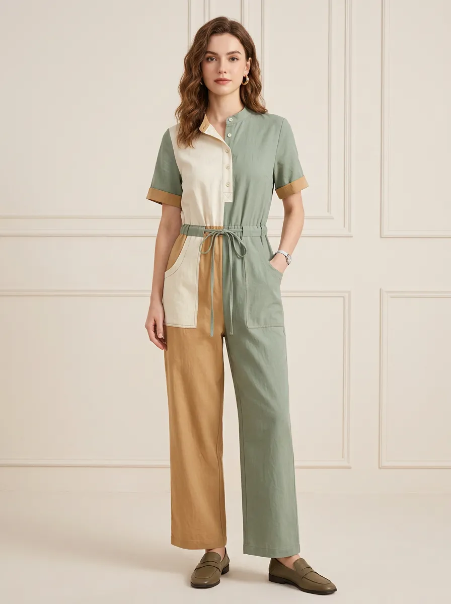 Women's Casual Style Colorblock Patchwork Printed Jumpsuit
