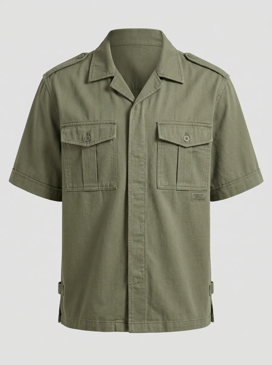 Men's Military Style Olive Green Short Sleeve Utility Shirt