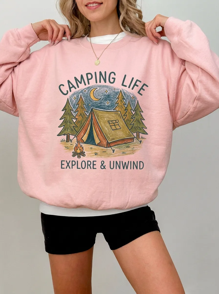 Women's Camping Life Explore Unwind Tent Forest Graphic Sweatshirt