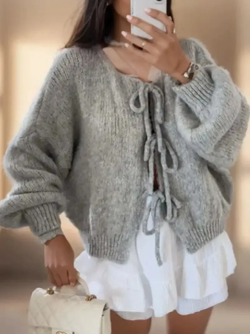 Soft Knit Tie Front Cardigan Balloon Sleeve Bow Detail