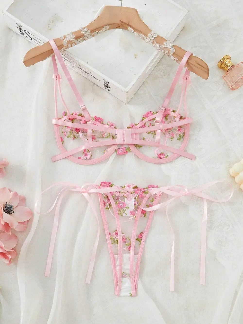 Floral Embroidered Demi Bra And Thong Set