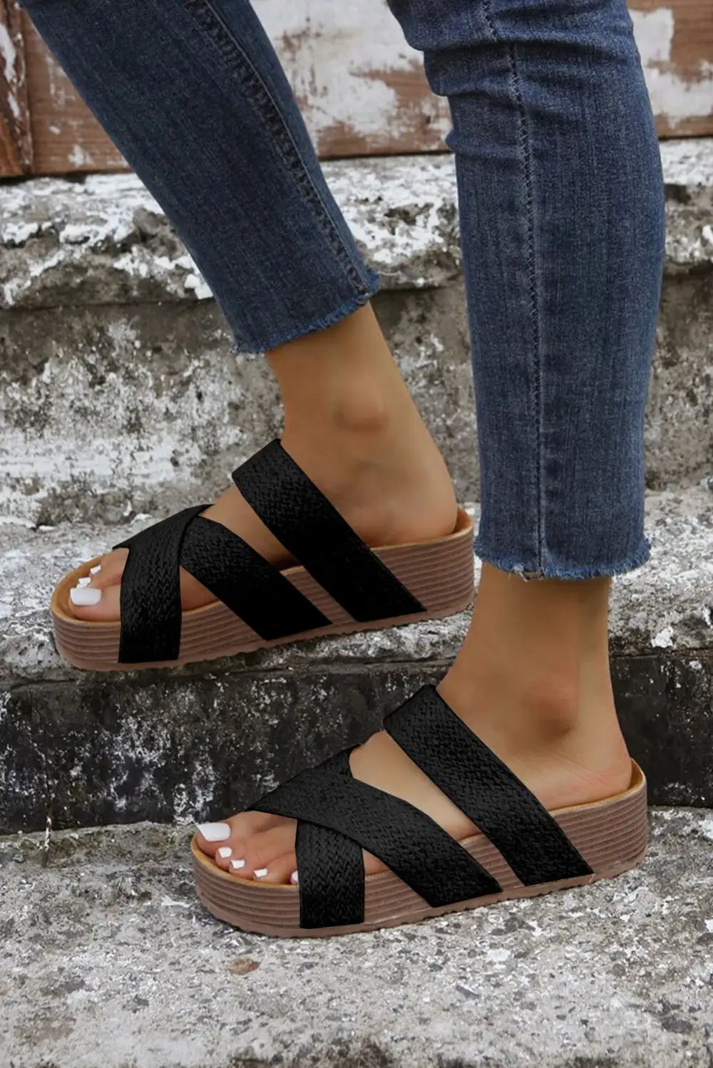 Woven Crossband Cutout Slip-On Platform Sandals