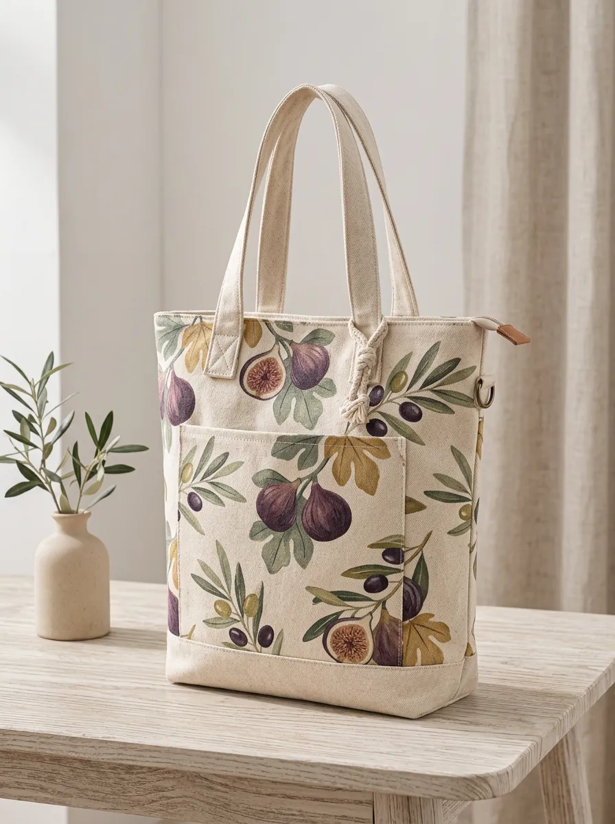 Women's Botanical Branch Fig Printed Canvas Shoulder Tote Bag
