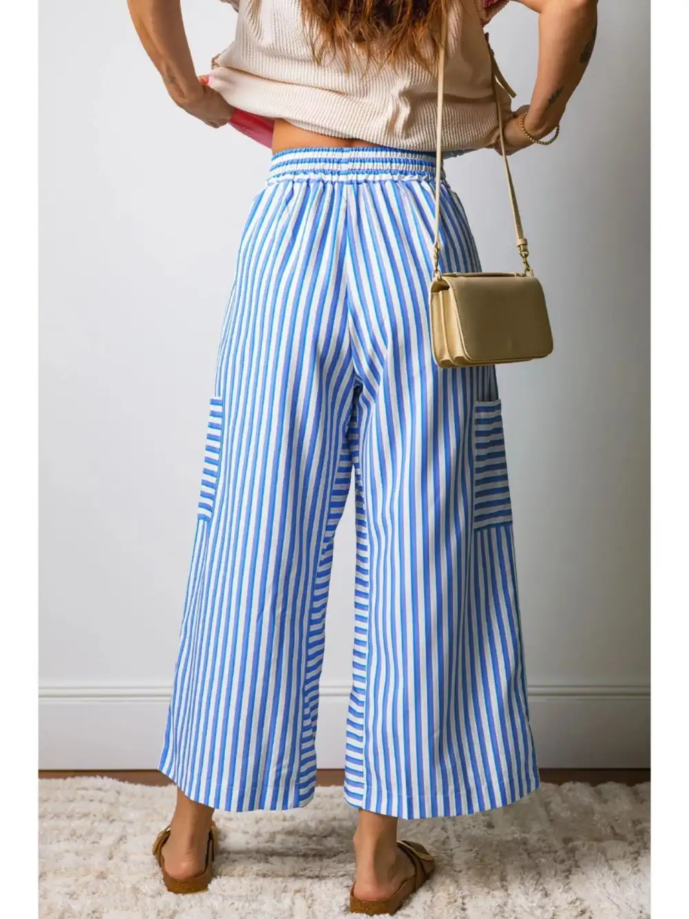 Stripe Drawstring Elastic Waist Patch Pocket Wide Leg Ankle