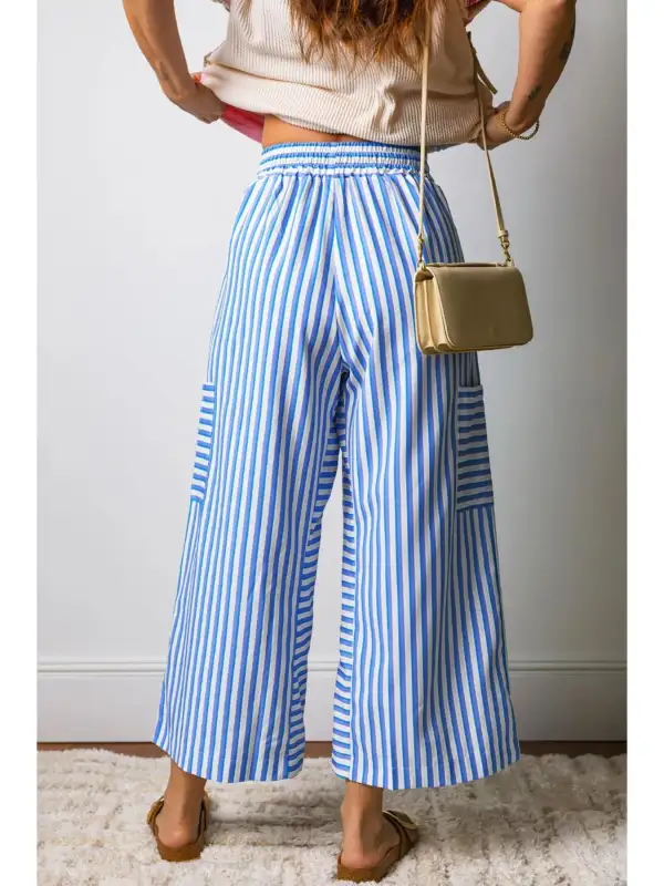 Stripe Drawstring Elastic Waist Patch Pocket Wide Leg Ankle