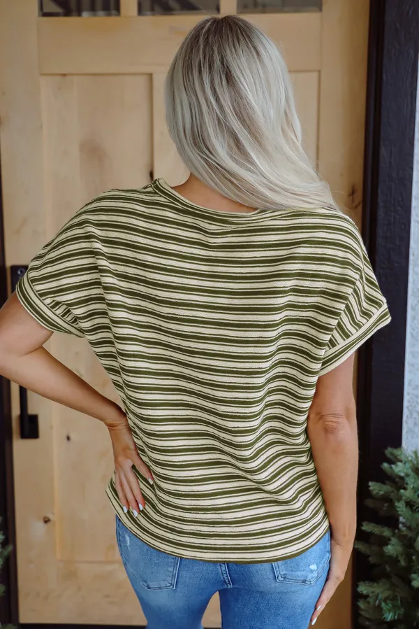 Brown Stripe Textured Side Slits Tee