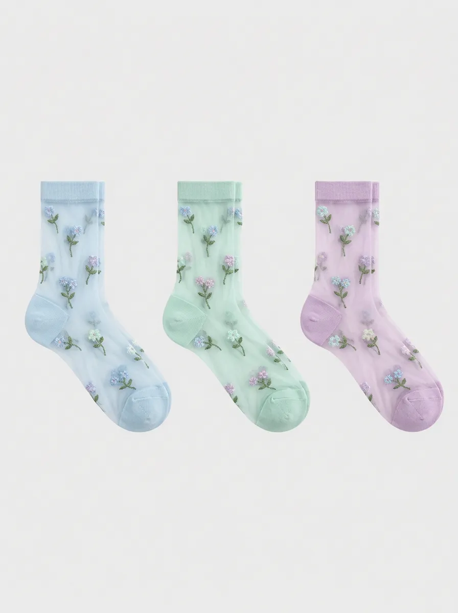 Women's Floral Lover Pastel Sheer Embroidered Printed Socks 3-Pack
