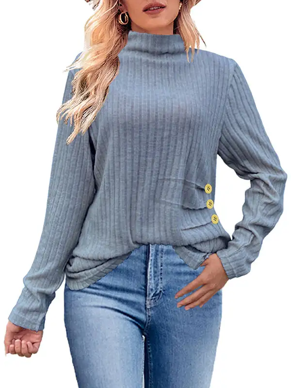 Long Sleeve Relaxed Button Detail Pleat Detail High Neck T-Shirt