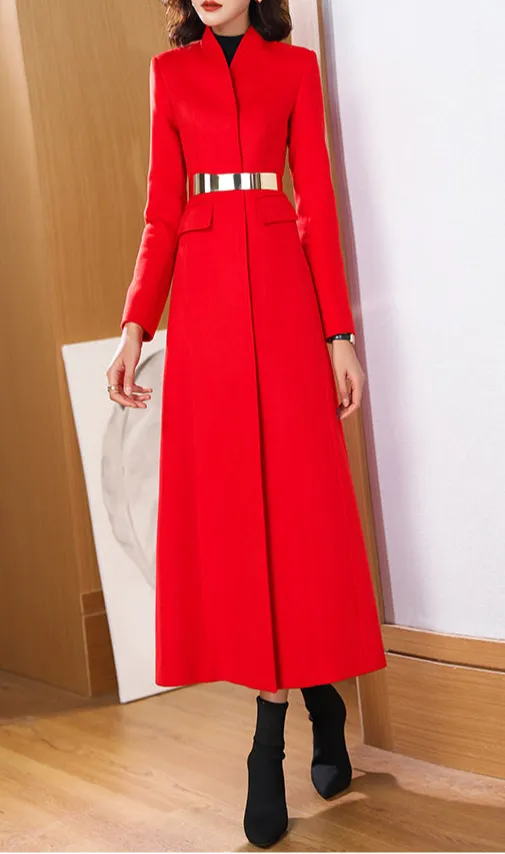 Textured Wool Blend Fit and Flare Pocketed Button Front Coat