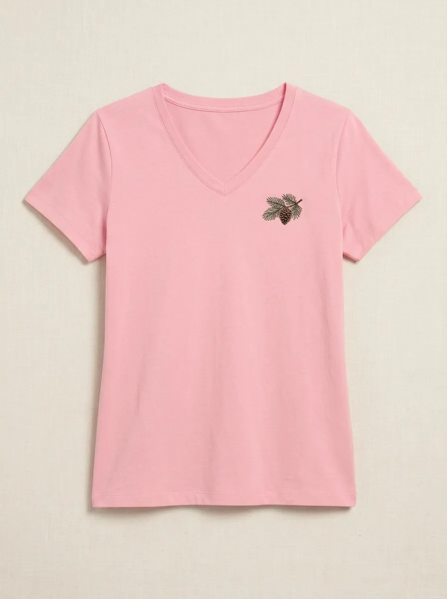 Women's Pinecone Branch Embroidered V-Neck T-Shirt
