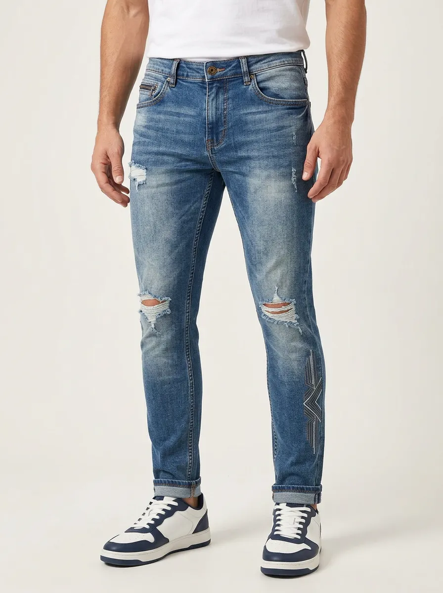 Men's Mid-Blue Distressed Embroidered Slim Jeans