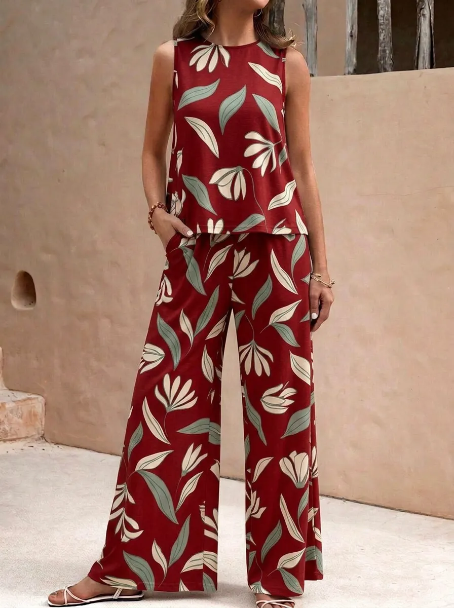 Women's Floral Leaf Print Sleeveless Top And Wide-Leg Trouser Lounge Set
