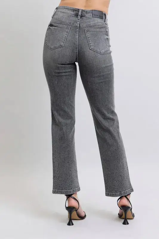 High Waist Rhinestone Straight Plus Denim Jeans