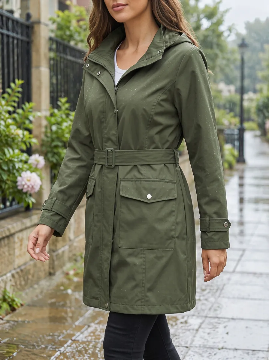 Women's Olive Green Hooded Belted Waterproof Rain Jacket