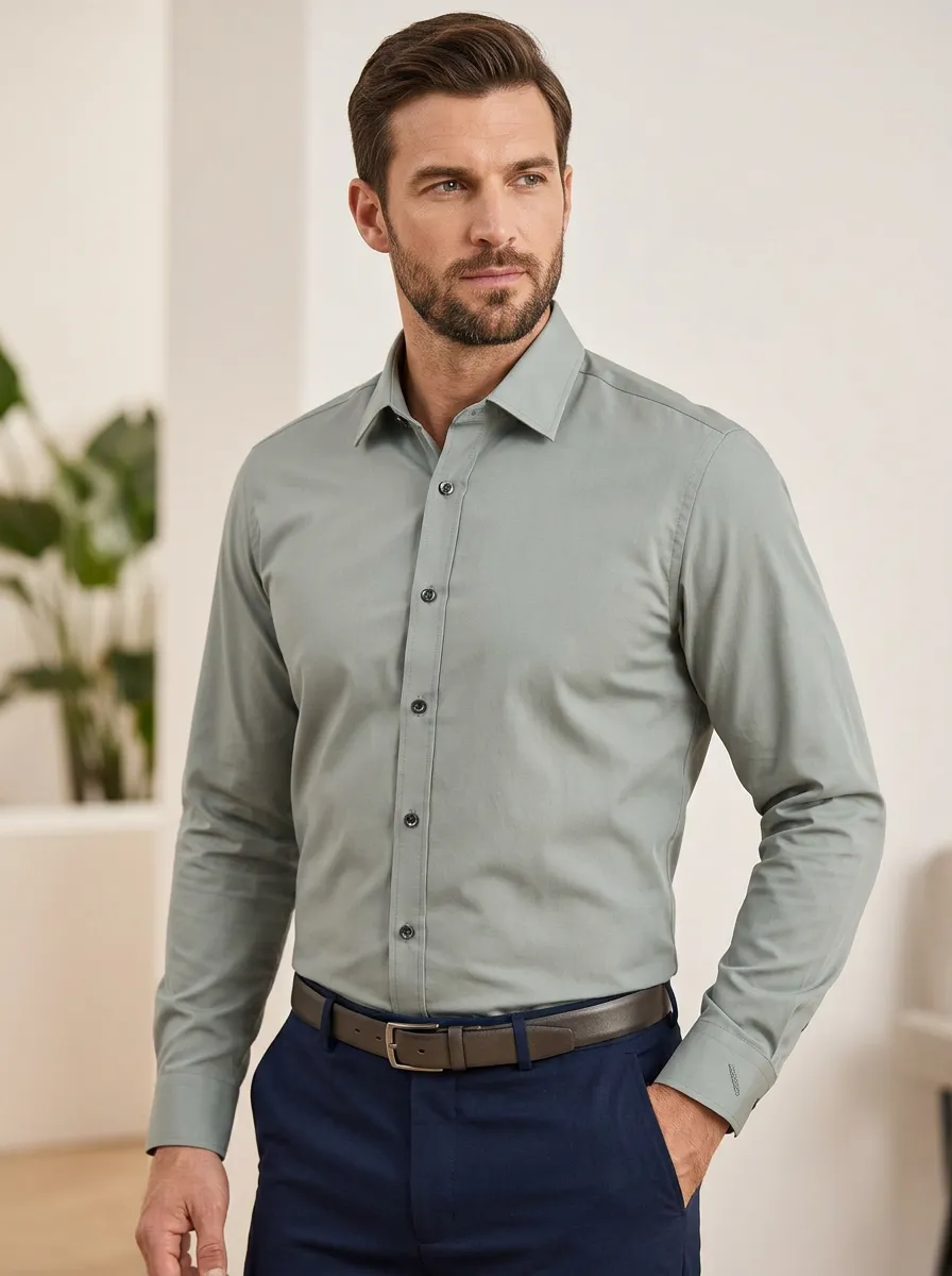 Men's Non-Iron Cotton Solid Sage Green Long Sleeve Shirt