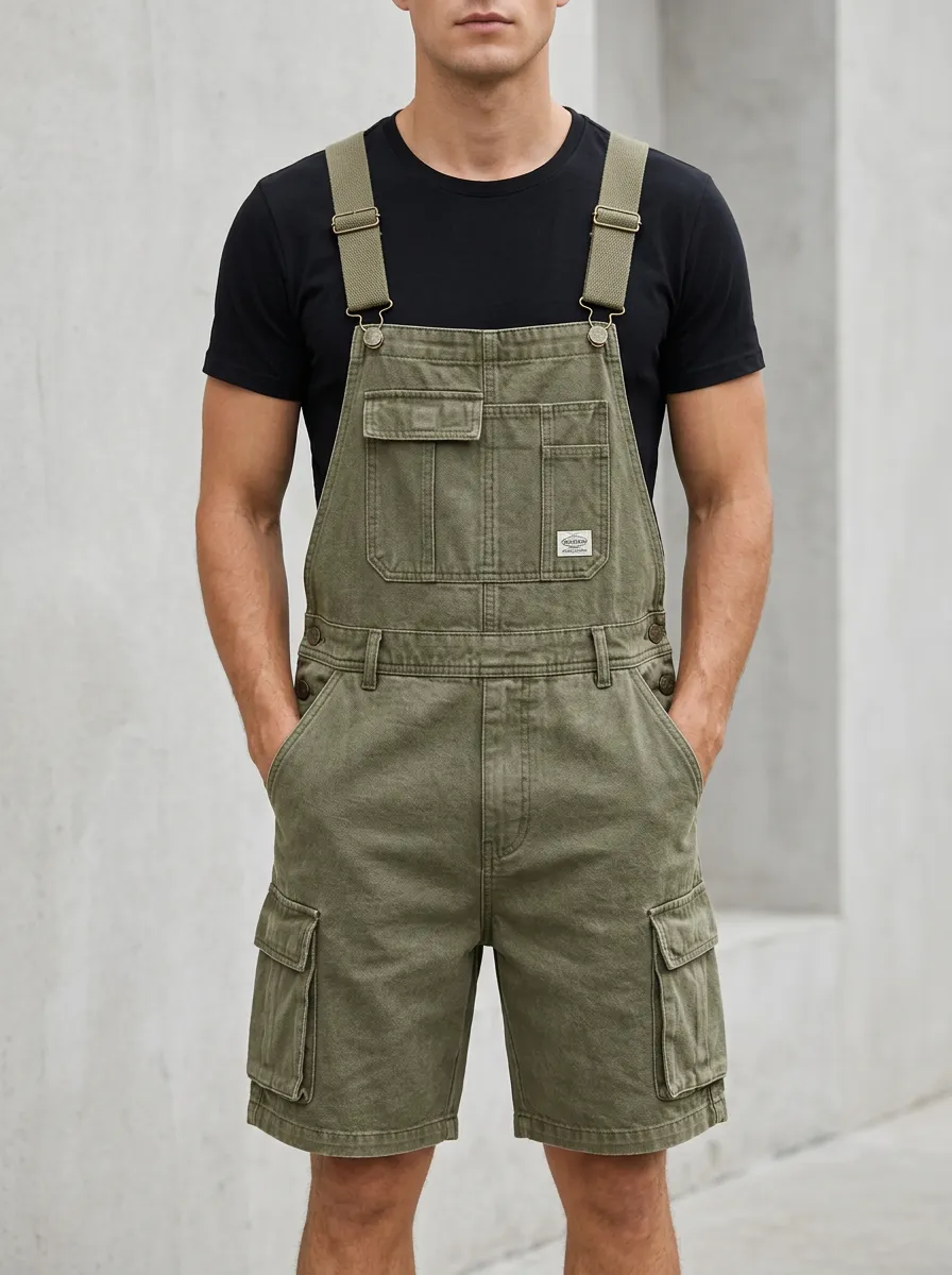 Men's Relaxed Utility Casual Cargo Bib Overalls Shorts