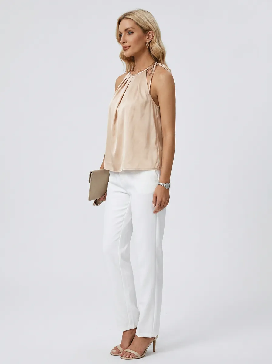 Satin Pleated Halter Neck Sleeveless Top