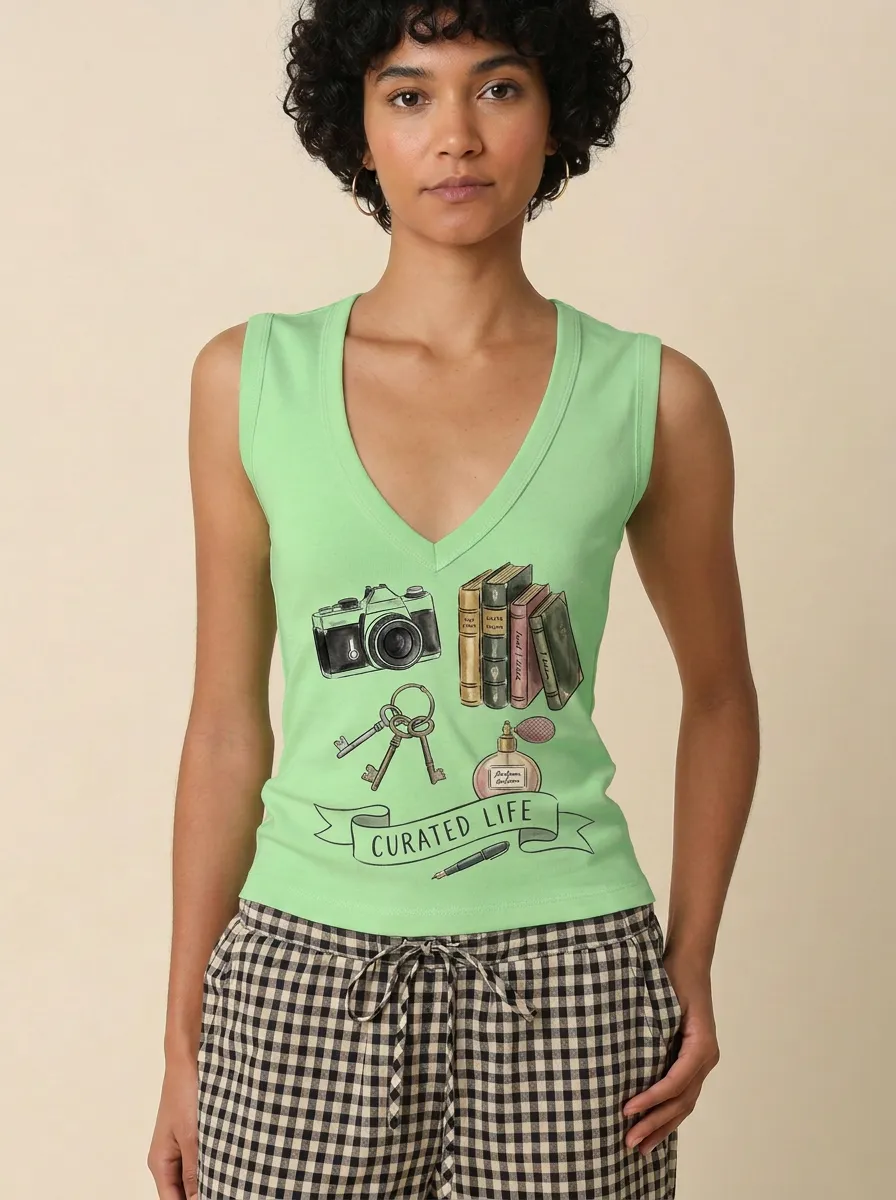 Women's Hobby Curated Life Camera Books Printed Tank Top